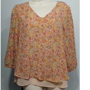 LC Lauren Conrad Womens Floral Blouse M Layered Semi Sheer 3/4 Sleeve Casual Top